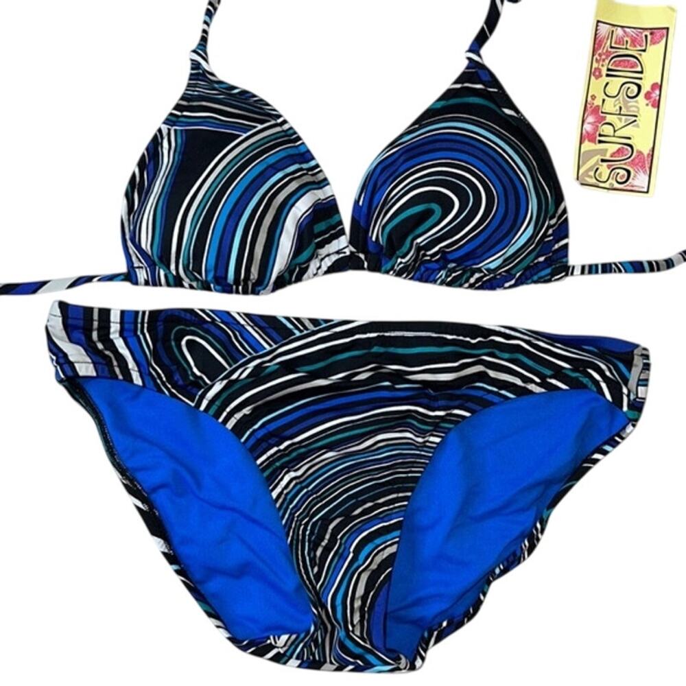 SURFSIDE Classic String Bikini 2PC Set, Blue, White, Black, & Teal, Small, NWT